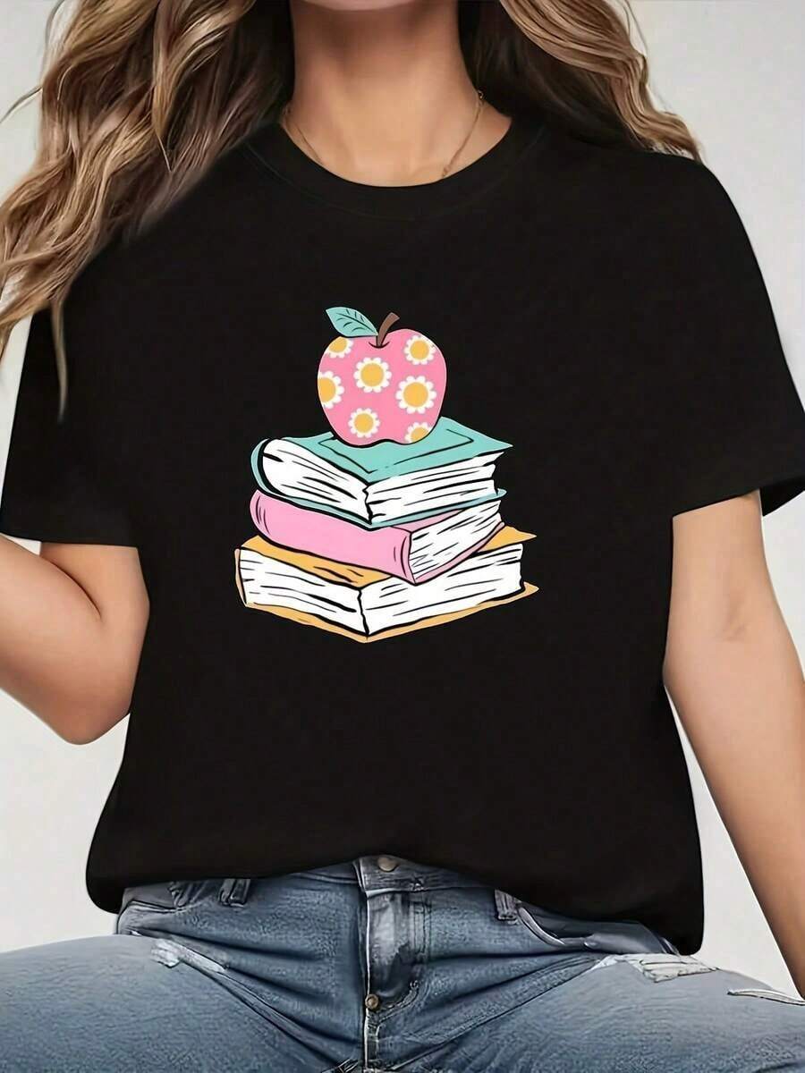 Camiseta para amantes de los libros para mujer - Diseño lindo con pila de libros y estampado de libro abierto, cuello redondo suave, manga corta, estilo casual, regalo para amantes de los libros - Lavable a máquina, top para todas las estaciones, regalo para amantes de los libros, ajuste cómodo. blusas para mujer>camisa - Negro - Ver 1