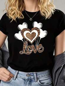 Camiseta de Mujer para el Día de San Valentín con Estampado de Corazones y Leopardo - Blusa Casual de Manga Corta y Cuello Redondo con Estampado de Corazones y Leopardo, Lavable a Máquina, Top de Primavera/Verano para Atuendo Casual y Regalo de San Valentín, Negra, Sin Telablusas para mujer>camisa - Negro - Ver 1