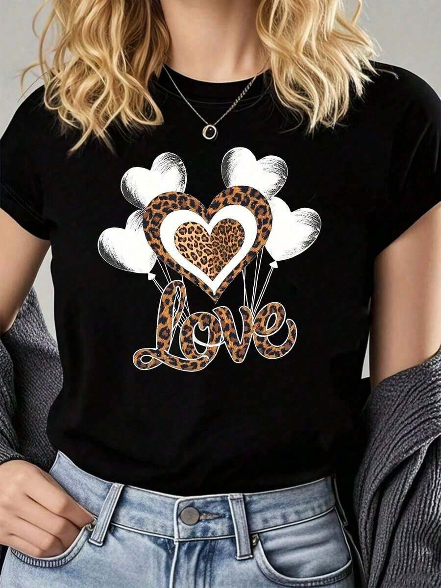 Camiseta de Mujer para el Día de San Valentín con Estampado de Corazones y Leopardo - Blusa Casual de Manga Corta y Cuello Redondo con Estampado de Corazones y Leopardo, Lavable a Máquina, Top de Primavera/Verano para Atuendo Casual y Regalo de San Valentín, Negra, Sin Telablusas para mujer>camisa - Negro - Ver 1