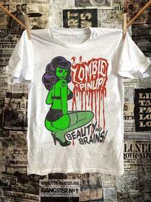 1 "Zombie Pin Up Beauty And Brains" Graphic T-Shirt - Vintage Retro Pin-Up Style, Horror T-Shirt, Casual, Crew Neck, Cotton, Soft And Breathable For Summer, Unique Gift For Halloween Parties, Ideal For Horror Fans, 180g 100% Cotton. - 白色 - 查看 6
