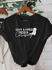 1 Women's Summer Short Sleeve T-Shirt - 2D Geometric Graphic Print "Bird A Horse, Ride A Cowboy", Combined With A Cowboy Boot Design. Modern Urban Style. | Youthful Design | Comfortable Fit, Pretty Clothes. Elegant Party Outfit, T-Shirt For Elegant Ladies, Blouses Suitable For Curvy Women, Prom Skirts, Casual Wear. Adorable Animal Print, Fun Letter Print, Matches With Street Fashion - 黑色 - 查看 1