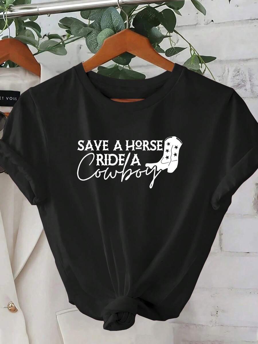 1 Women's Summer Short Sleeve T-Shirt - 2D Geometric Graphic Print "Bird A Horse, Ride A Cowboy", Combined With A Cowboy Boot Design. Modern Urban Style. | Youthful Design | Comfortable Fit, Pretty Clothes. Elegant Party Outfit, T-Shirt For Elegant Ladies, Blouses Suitable For Curvy Women, Prom Skirts, Casual Wear. Adorable Animal Print, Fun Letter Print, Matches With Street Fashion - 黑色 - 查看 1