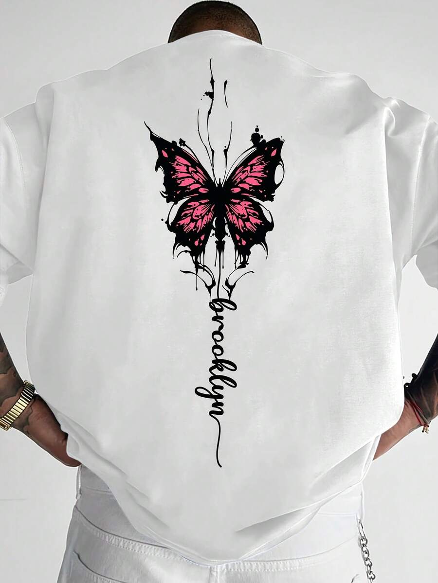 Camiseta de manga corta holgada para hombre, nueva moda de verano, con estampado sencillo de "Brooklyn Butterfly", estilo casual versátil para deportes al aire libre, correr, ir de compras y fiestas temáticas, de poliéster suave, lavable a máquina. - Blanco - Ver 1