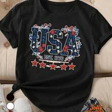 Vintage Patriotic T-Shirt With USA Graphics For Men And Women UU.1776 For Men And Women - Short Sleeve, Crew Neck, Star And Stripe Design, All Season Comfort, Machine Washable, 100% Cotton, Comfortable Fit, Birthday Gift For Men And Women, Machine Washable - 黑色 - 查看 6