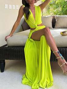 Vestido irregular calado con abertura, estilo sensual primavera 2026 - Verde - Ver 2