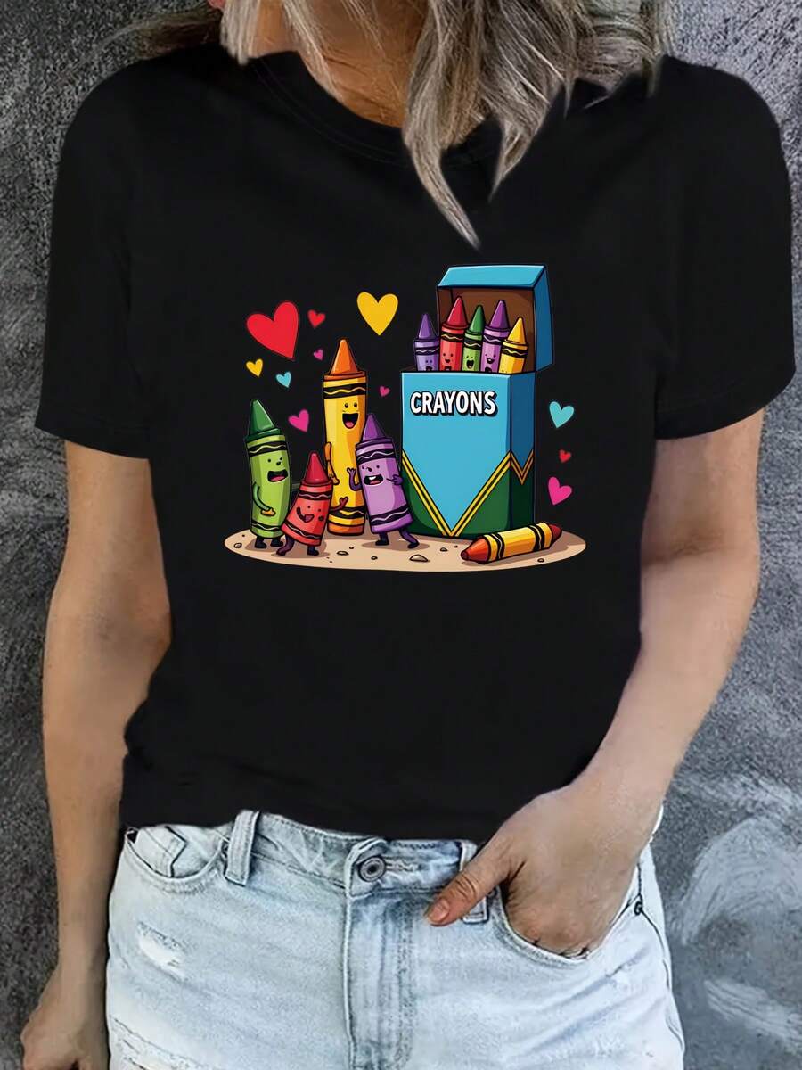 Los colores divertidos de los crayones "CRAYONS", combinados con estampados de dibujos animados, hacen de esta camiseta de moda casual para mujer, con cuello redondo, ideal para la primavera/verano, una prenda perfecta para el uso diario. - Negro - Ver 1