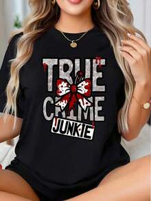 True Crime Graphic T-Shirt With Bow Tie Design For Mystery And Detective Story Fans, Perfect For Casual Wear And True Crime Enthusiasts - Vintage Urban Style, Unisex, Cotton, Short Sleeve, Crew Neck, 100% Cotton - 黑色 - 查看 7