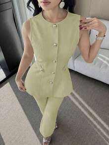 Conjunto de top sin mangas con botones delanteros y pantalones elegantes para mujer, ideal para el verano - Verde - Ver 4
