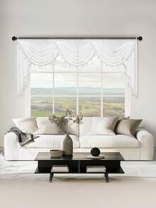 1pc White Short Valance With Pearl Trim, Modern Luxury Wave Style Curtain, Suitable For Holiday Party, Living Room, Bedroom Window & Door Decor, 1-4 Wave Width Options, Curtain Rod Not Included - White - View 3