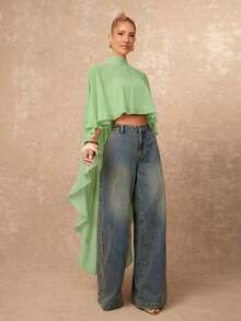 Nueva llegada Blusa elegante de mujer de alta gama con cuello suelto, bajo asimétrico con volantes, parte delantera corta y parte trasera larga - Verde - Ver 6