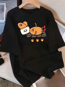 Prenda esencial casual para todas las estaciones: Camiseta de mujer de gran tamaño 100% algodón - Camiseta negra holgada de cuello redondo con diseño de dibujos animados de malvavisco y huevo, transpirable, de manga corta, informal para uso diario en verano, con diseño de cara sonriente y llama, lavable a máquina, ropa casual para primavera, verano y otoño, moda de temporada, diseño divertido, material suave, camiseta ligera, camiseta estampada, ropa de moda, para adultos, ropa diaria de algodón suave para mujer en verano. - Blanco - Ver 7
