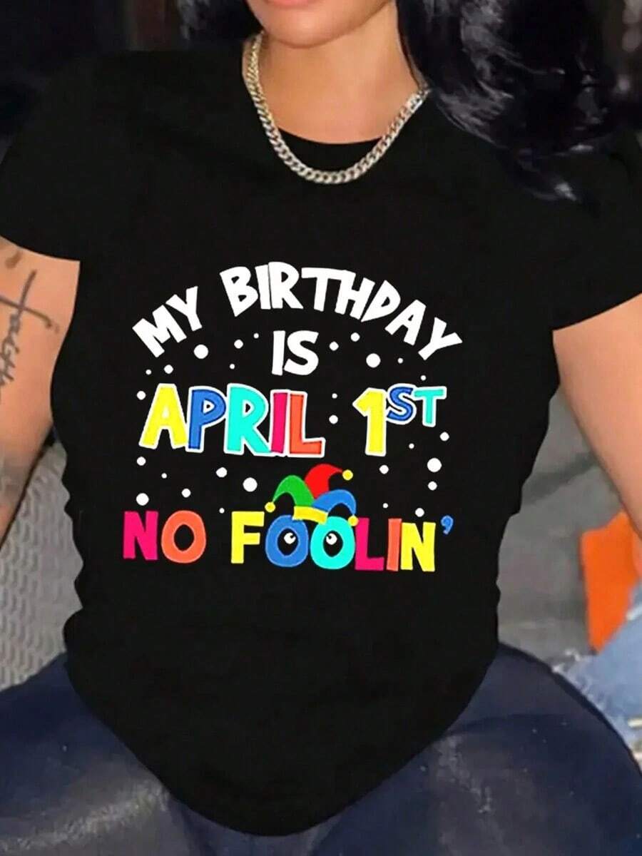 Camiseta de manga corta con estampado gráfico "Feliz Cumpleaños a Mí" para mujer, camiseta de algodón de manga corta, elegante, con cuello redondo, para uso diario, actividades al aire libre, verano. - Negro - Ver 1