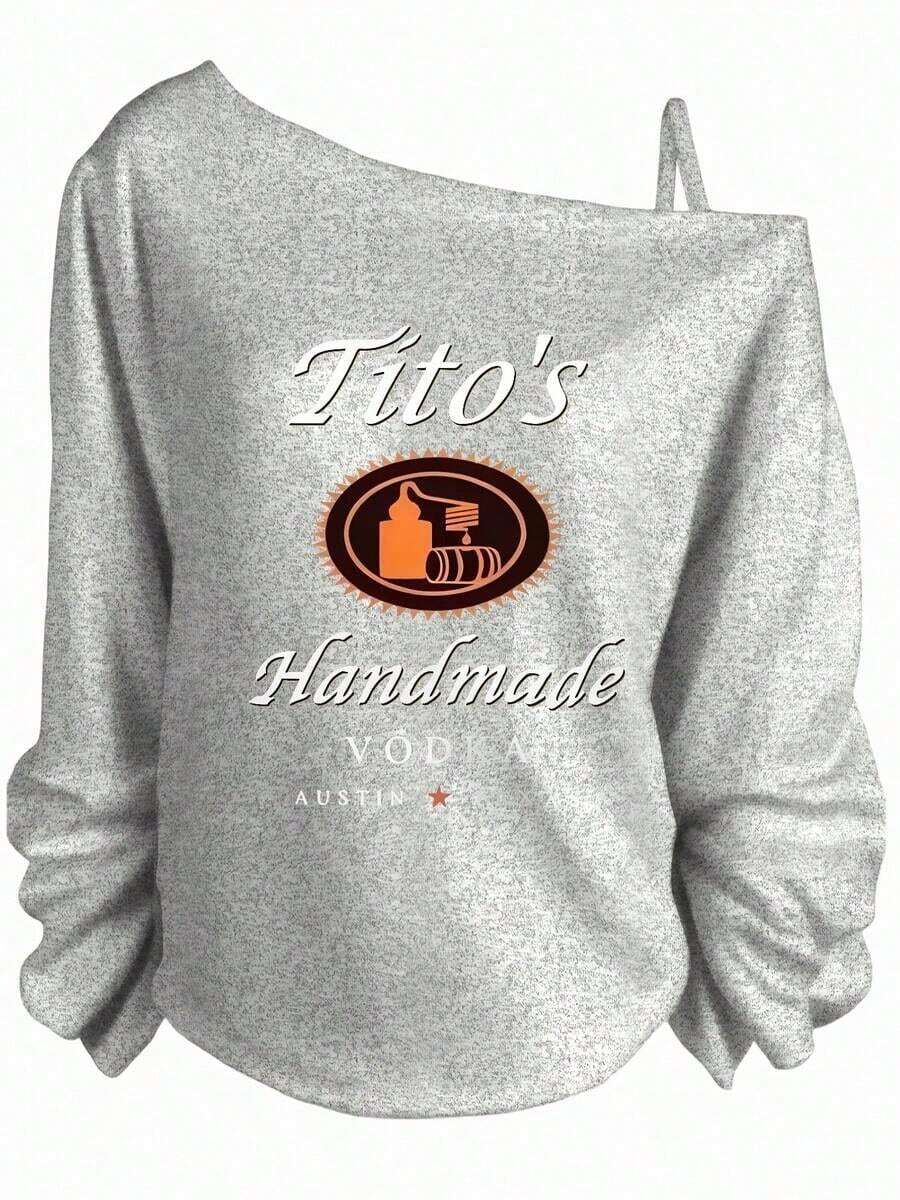 [Popular Summer European And American Fashion Items] Women's Asymmetrical One-Shoulder Long Sleeve, Summer Sweatshirt -Tito's Handmade Vodka Austin ★ Texas Off - The - Shoulder Sweatshirt, Black With White & Orange Text Logo, Stylish Casual Pullover For Outfits - Hoodies For Women,Valentine Outfits For Women,Vacation Outfits Women,Valentine's DaySuitable For Women's Summer Sun Protection, Dating, Graduation Season, Independence Day, And Other Daily Activities - 灰色 - 查看 1