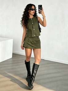 Conjunto 2 Piezas Verde Militar: Chaleco Sin Mangas Minifalda Cargo Estilo Utility - Verde militar - Ver 1