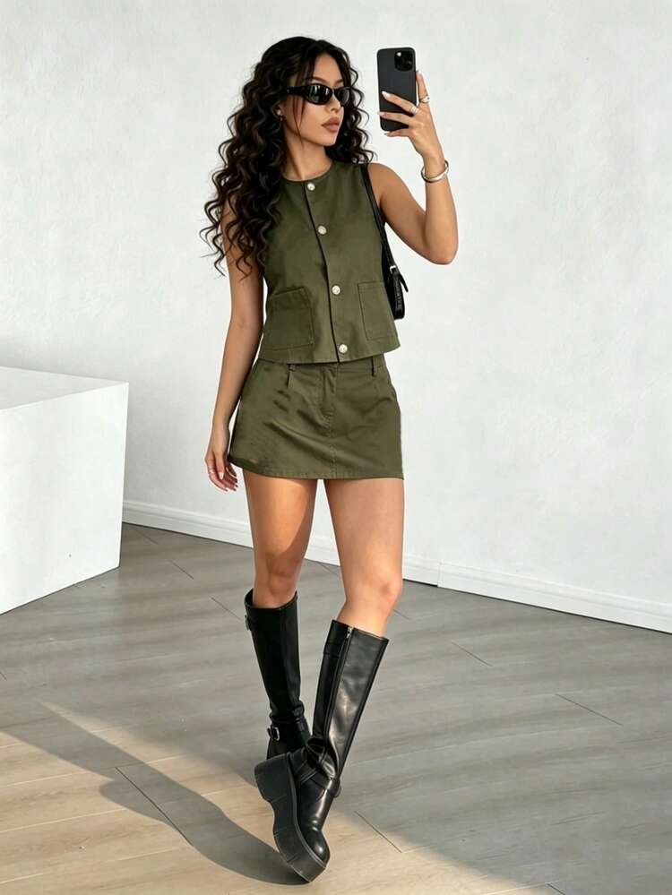 2-Piece Military Green Set: Sleeveless Vest, Utility Style Cargo Mini Skirt - 軍綠色 - 查看 1