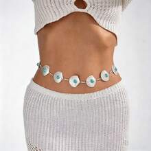Cadena de cintura estilo bohemio con incrustaciones de turquesa y concha en tono dorado, accesorio para ceñir la cintura - Multicolor - Ver 12