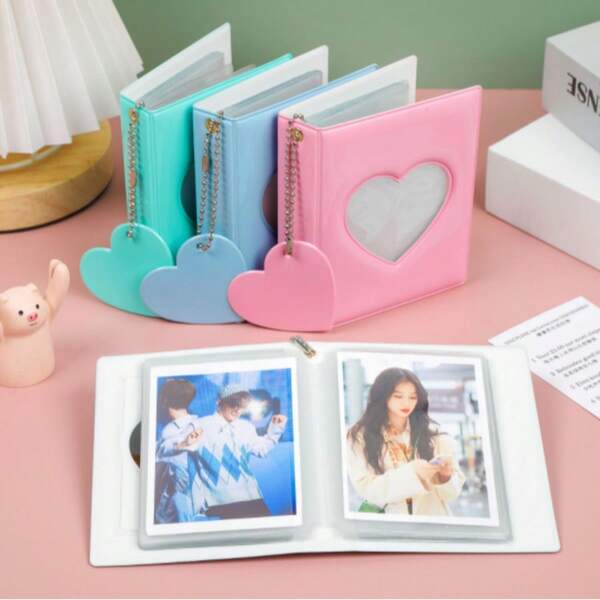 Heart Hollow Cover 2X3 Inch Mini Photo Album With Small Heart Pendant, Holds 32 Photos, 16 Inner Pages, Bookshelf, Wedding Album, Card Storage