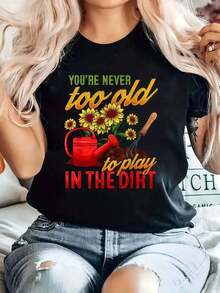 Camiseta Estampada Divertida De Plantas Y Jardinería, Camiseta Casual De Cuello Redondo De Manga Corta Cómoda Para Primavera Y Verano, Ropa De Mujer Summer Essentials,Summer Outfits For Women,Graphic Tees blusas para mujer camisa - Negro - Ver 6