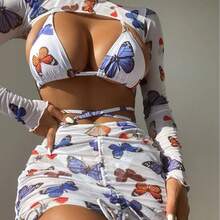 New Sexy Four-Piece Bikini With Butterfly Print And Adjustable Straps. - 藍色 - 查看 6