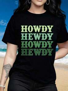 1 pieza de camiseta de talla con cuello redondo, camiseta de manga corta para mujer con divertidos estampados de San Valentín. Camiseta Howdy Hewdy Howdy Hewdy para mujer, top casual de verano para playa, camiseta gráfica con diseño de texto en blanco y verde. Ocasiones aplicables: Día de San Patricio, actividades deportivas, reuniones festivas, actividades al aire libre, deportes y otros regalos navideños. Estilo callejero vintage, camiseta unisex holgada de algodón de manga corta con cuello redondo. - Negro - Ver 6