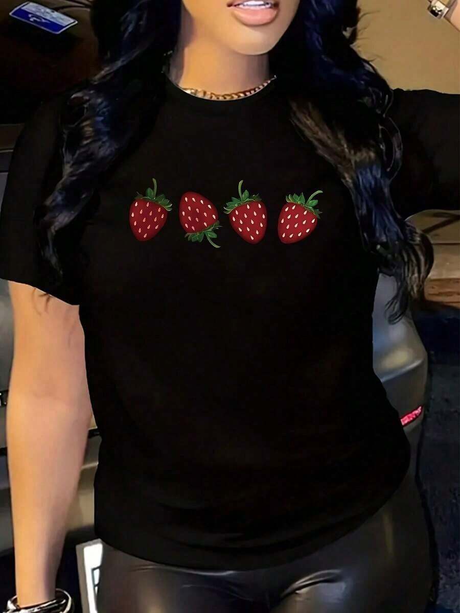 Under The RadarTalla Grande - Talla Grande - Camiseta negra de manga corta y cuello redondo con estampado de fresa, un imprescindible para la moda casual, adecuada para primavera, verano y otoño, ligeramente holgada para mayor comodidad, camiseta casual elegante para mujeres de talla grande-Vintage Street Style Unisex Loose Cotton Short Sleeve Crew Neck T-Shirt - Negro - Ver 1