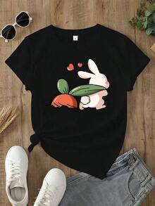 Nuevas llegadas para el verano. Camiseta con estampado gráfico, manga corta, cuello redondo, top casual para verano y primavera, ropa de mujer, blusa, camisa > Hermosa. - Negro - Ver 8