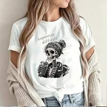 expensive difficult skeleton girl biker style bandana leather jacket drink cup straw cool edgy fashion print design for women's short sleeve t-shirt unique graphic art trendy apparel decoration stylish skull illustration gothic aesthetic urban streetwear print idea for female clothing collection - Blanco - Ver 6