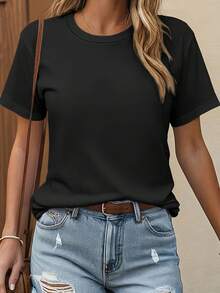 Camiseta casual suave y elástica para mujer con cuello redondo y mangas cortas, cómoda para todas las estaciones, lavable a máquina, corte regular, diseño en línea H, top lindo, escote redondo clásico, camiseta de tela duradera - Negro - Ver 2