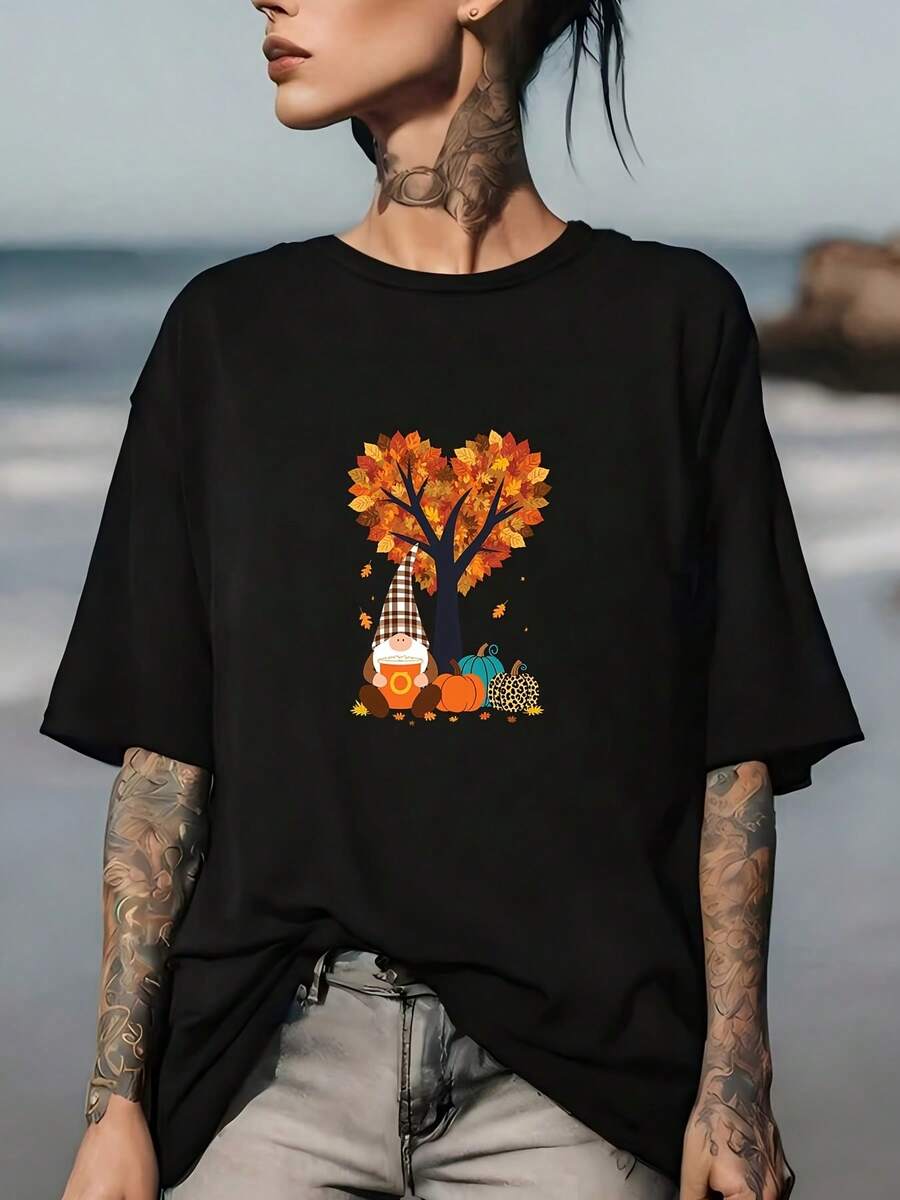 Camiseta Ligera de 180G para tu Familia, Diseño de Gnomos y Hojas de Otoño, Perfecta para Regalos de Acción de Gracias y Eventos de Team Building, Ropa Casual Unisex de Verano - Negro - Ver 1