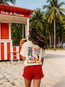Camiseta gráfica para mujer, camiseta de manga corta de estilo casual y urbano, top de verano lindo - Albaricoque - Ver 4