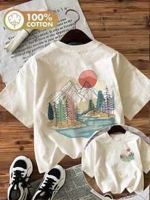 Edición Limitada, Camiseta de Verano Casual para Mujer con Estampado de Doble Cara, Estilo Sencillo, Estampado de Montaña Nevada, Bosque y Río, Cuello Redondo, Manga Corta, Algodón Ligero. - Albaricoque - Ver 1