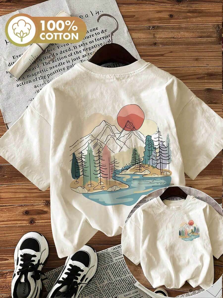 Edición Limitada, Camiseta de Verano Casual para Mujer con Estampado de Doble Cara, Estilo Sencillo, Estampado de Montaña Nevada, Bosque y Río, Cuello Redondo, Manga Corta, Algodón Ligero. - Albaricoque - Ver 1