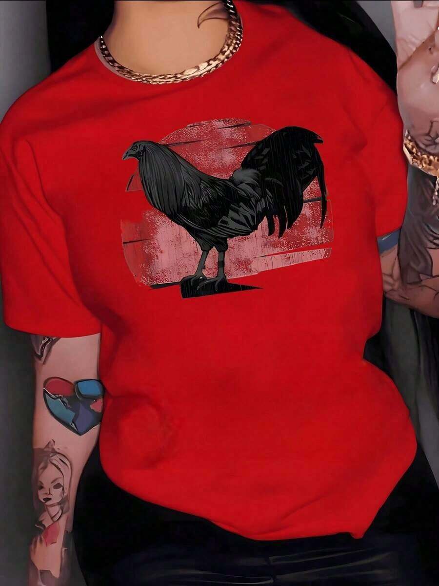 Black Rooster Symbolizing Strength, Courage And An Indomitable Spirit On A Red Sun In Artistic Style, Women's T-Shirt, 100% Cotton. - 紅色的 - 查看 1
