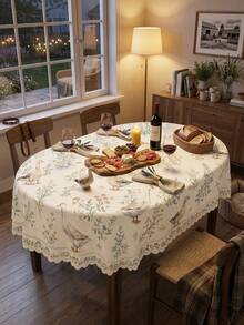 1 Peça Toalha de Mesa Oval Estilo Fazenda com Ganso, Capa de Mesa de Jantar com Estampa Floral de Pato Creme e Borda Recortada, Decoração Aconchegante de Cozinha - Multicolorido - Visão 2