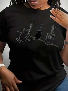 Camiseta de manga corta de algodón puro para mujer - Diseño original con sombras de gato y violín, top casual y cómodo en gris claro, adecuada para primavera y verano, lavable a máquina, estampado artístico, tela transpirable. - Negro - Ver 1