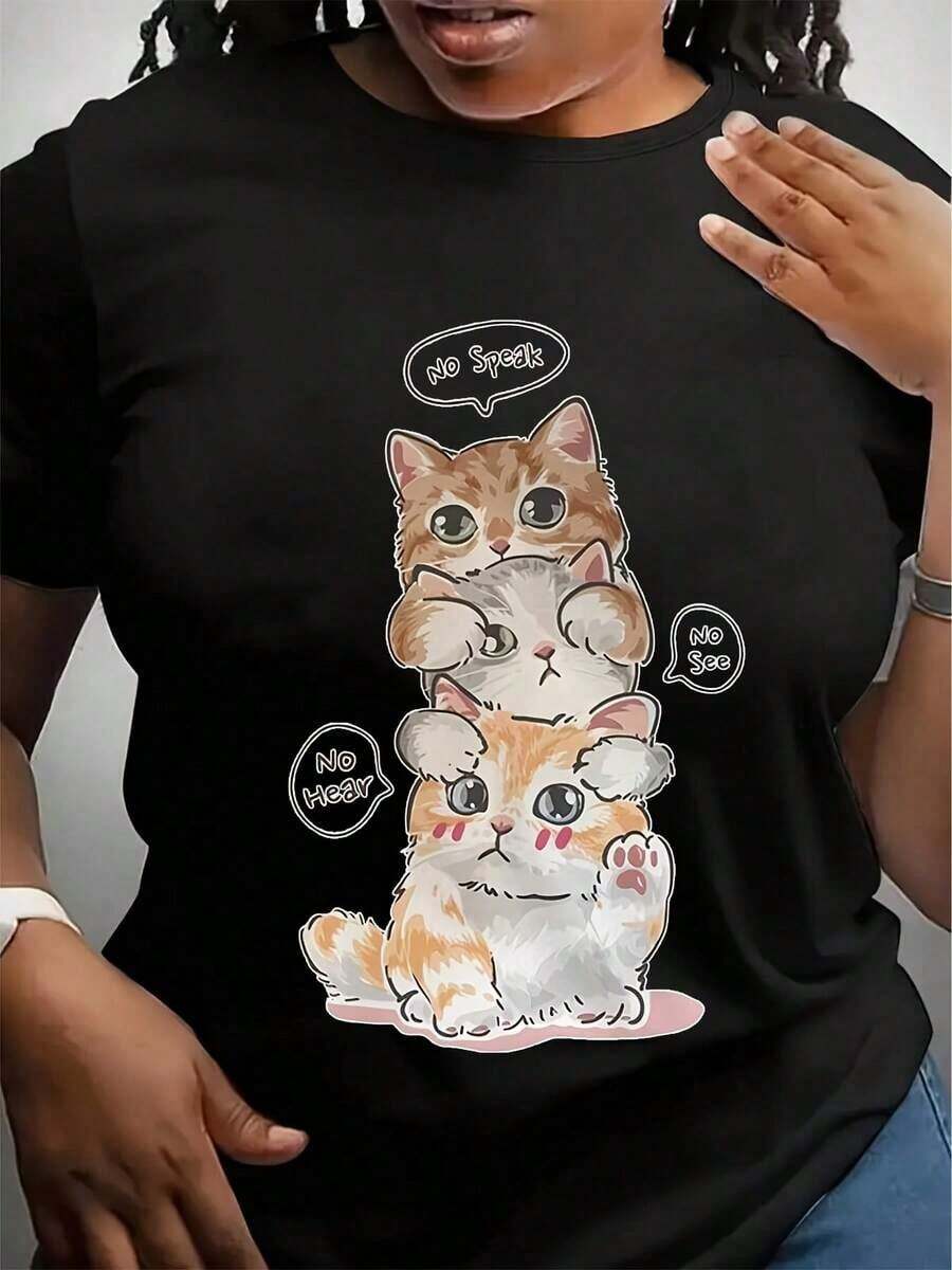 Women's Short Sleeve Cotton T-Shirt - Cute Cat Print And Funny Text, Loose Round Neck, Casual Top, Machine Washable, Comfortable And Casual Wear For All Seasons, Fun Design, Breathable Fabric, Graphic Print T-Shirt, Casual Style. - 黑色 - 查看 1