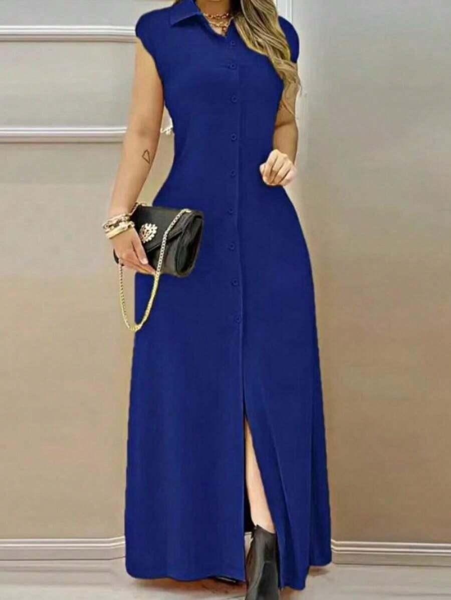 YHHVestido largo de verano elegante de color rojo sólido con botones delanteros para uso casual y de oficina para mujeresYHH - Azul - Ver 1