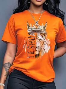 Camiseta Azul con la Corona del Rey León, Cuello Redondo Casual, Manga Corta, Ropa de Mujer para Primavera y Verano - Rojo - Ver 11