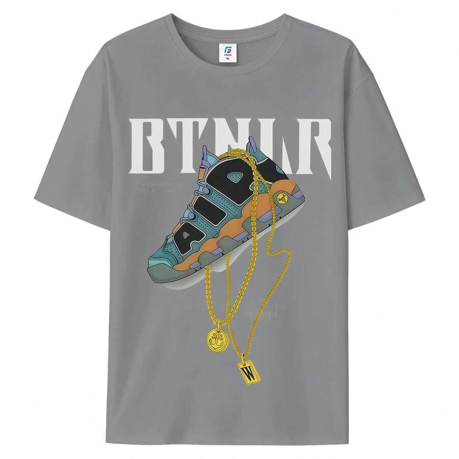 Camiseta gráfica de moda con estampado de cadena dorada grande, unisex, de manga corta y cuello redondo para hombre, estilo urbano, para verano y primavera, informal, ropa, vitalidad juvenil, camisetas gráficas de calidad, transpirable, clásica. - Gris Oscuro - Ver 1