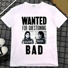 Camiseta Unisex con Estampado de Michaels Jacksons, Diseño WANTED FOR QUESTIONING BAD, Estilo Vintage, Manga Corta, Cuello Redondo, Streetwear para Fans de Pop - Blanco - Ver 1