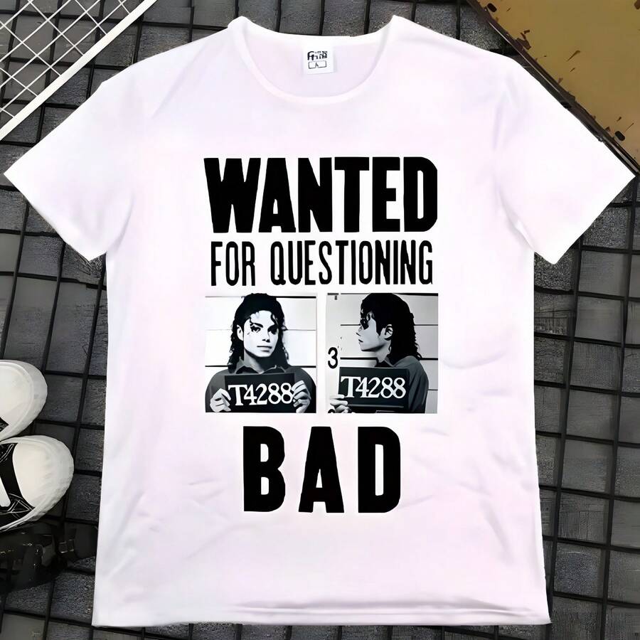 Camiseta Unisex con Estampado de Michaels Jacksons, Diseño WANTED FOR QUESTIONING BAD, Estilo Vintage, Manga Corta, Cuello Redondo, Streetwear para Fans de Pop - Blanco - Ver 1