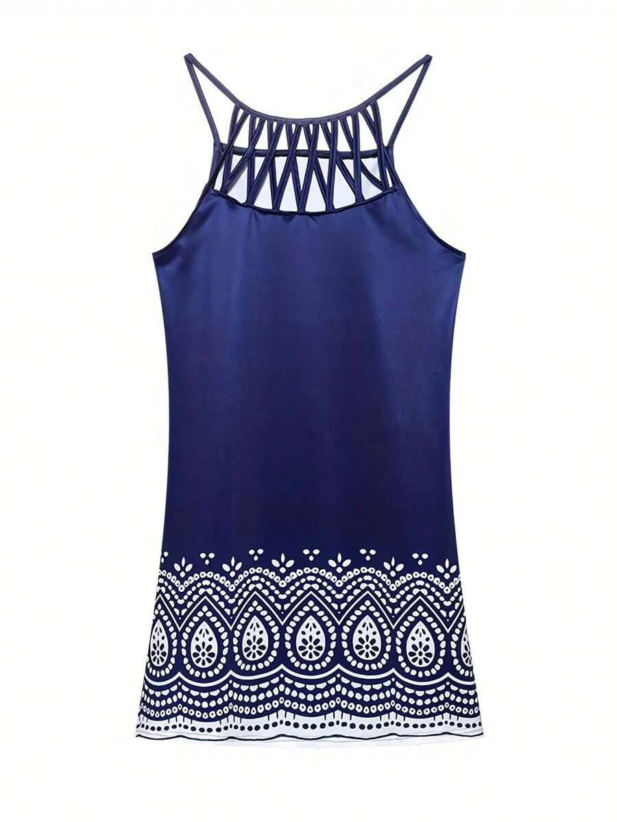 Vestido informal sin mangas con cinturón de malla estampado, posicionamiento de viento nacional, primavera y verano, novedad de 2024 - Cailán - Ver 1