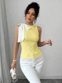 Camiseta sin mangas de mujer con contraste de color y lazo - Amarillo - Ver 6