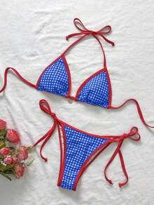 Vestido de playa informal de talla grande para mujer con estampado aleatorio y diseño de anillo en el cuello halter - Azul - Ver 6