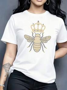 Women's fashionable T-shirt, featuring the "Mighty Man from  and " pattern print, made of 100% pure cotton with a round neck and short sleeves. It is comfortable and breathable, casual and elegant, a must-have for summer. - Blanco - Ver 1