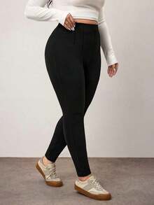 Enliva Pantalones casuales de talla grande de cintura alta, cómodos y de unicolor, de tela elástica para otoño, adecuados para curvas corporales redondeadas, compatibles con la forma del Body redondeado tipo manzana/2026/Año Nuevo - Negro - Ver 9