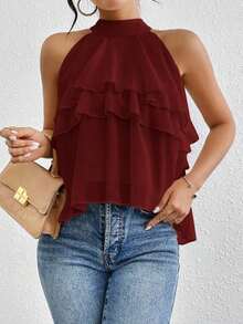 Blusa de gasa con volantes asimétricos y cuello suelto - Burdeos - Ver 2