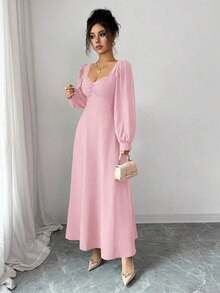 YHHElenzga Vestido maxi elegante de mujer con cuello cuadrado, mangas abultadas y cintura, adecuado para el uso diarioYHH - Rosa - Ver 5