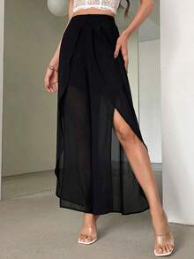 Pantalón de gasa de cintura alta con vuelo y bajo en forma de V transparente, elegante para usar en la oficina - Negro - Ver 3