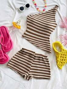 conjunto de verano para mujer, conjunto de vacaciones, conjunto de 2 piezas para uso diario, conjunto de vacaciones en la isla, bohemio, boho, floral romántico, vacaciones, floral - Café integral - Ver 6
